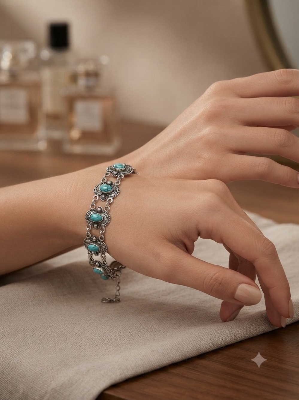 Turquoise Stone Silver-Link Bracelet for Women